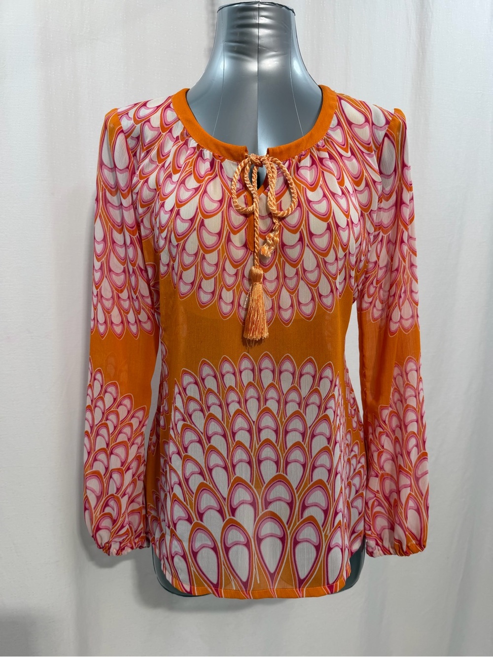 Rose & Olivia Orange Pink Geometric Feather Print Blouse Tassel Tie Size L 1805